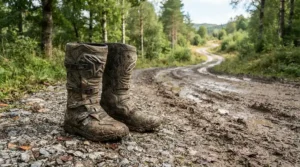 Budget waterproof touring boots covered in mud after a backcountry gravel road adventure.