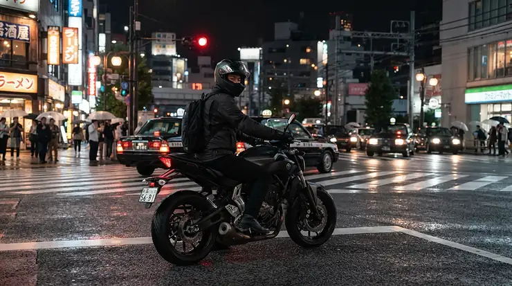 Reflective accents glowing on budget waterproof touring boots during a nighttime motorcycle ride.