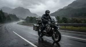 A motorcyclist testing budget waterproof touring boots on a wet highway during a downpour.