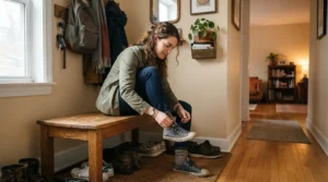 Rider unlacing versatile casual riding shoes for scooter commuters near the front door of a city apartment.