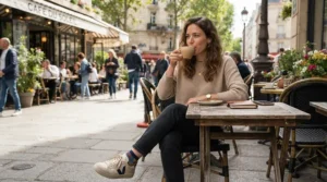 Scooter rider relaxing at an outdoor coffee shop patio wearing casual riding shoes for scooter commuters with reinforced ankle support.
