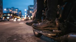 Reflective details glowing on casual riding shoes for scooter commuters as a rider navigates evening city streetlights.