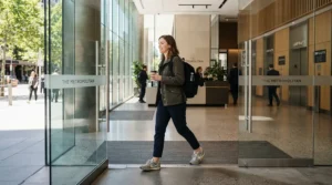Professional stepping into a corporate office lobby wearing casual riding shoes for scooter commuters that double as work footwear.