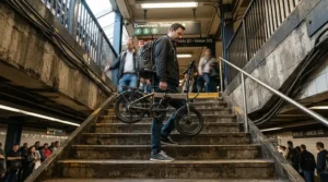 Commuter carrying a folded scooter down subway stairs while sporting durable casual riding shoes for scooter commuters.