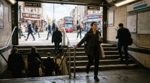 Walking up subway stairs during a morning commute while wearing comfortable commuter motorcycle shoes.