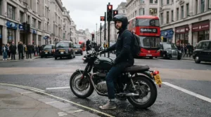 A rider wearing commuter motorcycle shoes while stopped at a downtown traffic light in Chicago.