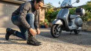 Checking out entry-level commuter motorcycle shoes next to a scooter in a suburban driveway.