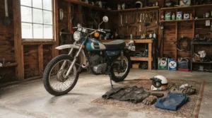 Vintage-style leather gauntlet gloves for adventure riding laid out next to a retro dual-sport motorcycle.