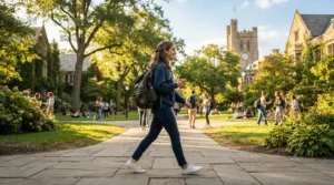 A student walking across a university campus wearing lightweight commuter motorcycle shoes.