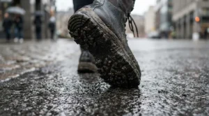 Tread pattern on the rubber sole of long distance motorcycle boots for wide feet providing traction on wet pavement.
