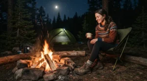 Rider relaxing by a campfire after a long day of riding, wearing flexible long distance motorcycle boots for wide feet.