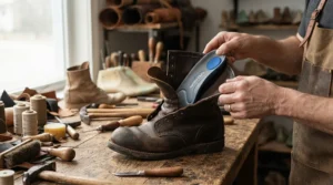 Placing orthopedic inserts into long distance motorcycle boots for wide feet for extra arch support on cross-country road trips.