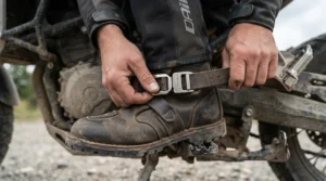 Close-up shot of adjustable micro-buckles and secure lacing systems on long distance motorcycle boots for wide feet.