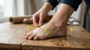 An instructional graphic demonstrating how to measure foot width when shopping for long distance motorcycle boots for wide feet.
