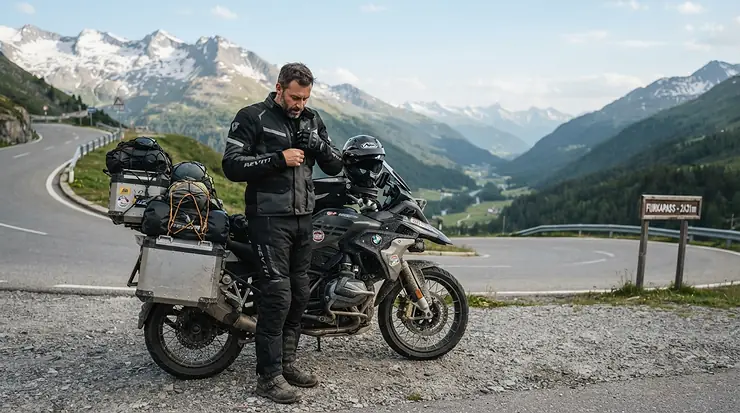 A rider gearing up with long distance motorcycle boots for wide feet beside a fully loaded adventure touring motorcycle on a scenic highway.