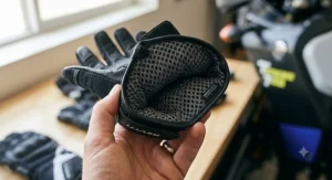Detail view of moisture-wicking inner lining inside high-performance summer motorcycle gloves