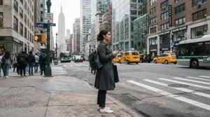A city rider wearing motorcycle sneakers for daily commuting pauses at an urban crosswalk with skyscrapers in the background.