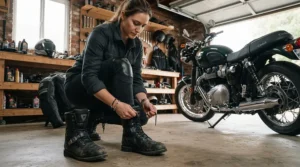 A commuter donning motorcycle sneakers for daily commuting in a residential garage before a morning ride.