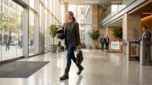 A commuter wearing motorcycle sneakers for daily commuting steps into a modern office building lobby in the morning.