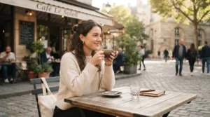A rider enjoying coffee at an outdoor cafe patio wearing motorcycle sneakers that look like normal shoes.