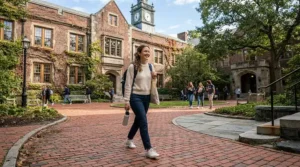 A student walking across a university plaza wearing practical motorcycle sneakers that look like normal shoes.