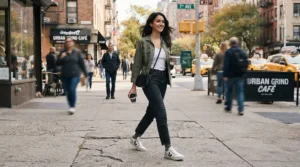 A commuter walking downtown wearing motorcycle sneakers that look like normal shoes on a paved city sidewalk.
