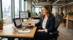 An office worker sitting at a modern desk wearing motorcycle sneakers that look like normal shoes.