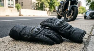 Close-up of perforated leather motorcycle gloves designed for ventilation during summer street riding