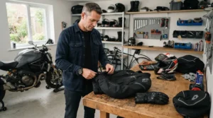 A mechanic inspecting racing boots for short riders in a well-lit professional workshop.