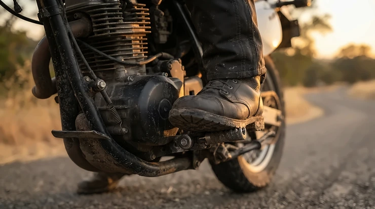 Detailed shot focusing on ergonomic flexibility of sport riding boots for hot weather track days.