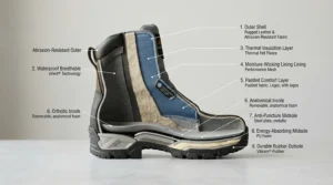 Cutaway view showing moisture-wicking liners inside sport riding boots for hot weather track days.