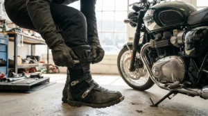 Rider lacing up ventilated sport riding boots for hot weather track days inside a sunny pit garage.