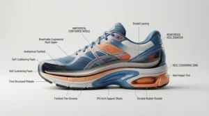 An illustration showing enhanced arch support within touring boots for long distance comfort.