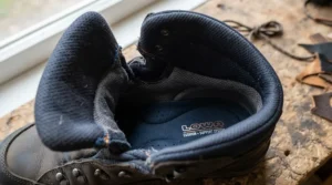 Close-up of supportive memory foam insoles inside touring boots for long distance comfort.