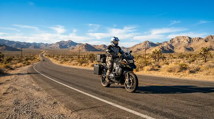 A rider enjoying touring boots for long distance comfort during a cross-country highway trip.