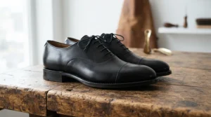 Black leather track boots for beginner riders placed on a wooden workbench inside a garage