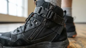 Close-up view of the secure buckle and zipper closure system on track boots for beginner riders