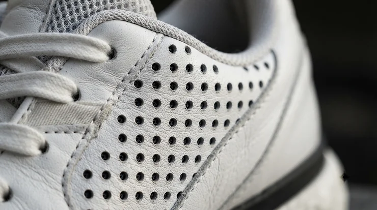 Perforated leather panels on track boots for beginner riders for airflow during warm weather