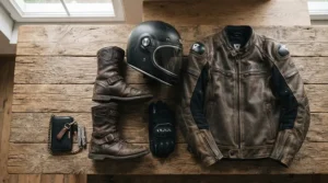A flat lay of protective footwear and safety gear arranged neatly on a wooden floor for new motorcyclists.