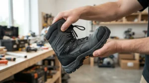 Demonstrating the ankle flexibility of track boots for beginner riders out of the box