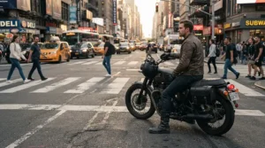 A motorcyclist wearing urban riding shoes for city traffic while waiting at a busy downtown intersection.