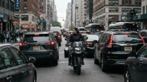 A motorcyclist navigating dense urban traffic wearing urban riding shoes for city traffic near a crosswalk.