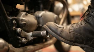 Close-up of lightweight city riding shoes demonstrating precise gear shifter feel on a motorcycle footpeg.
