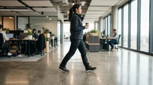 Urban commuter motorcycle footwear paired with casual office attire inside a modern downtown workplace.
