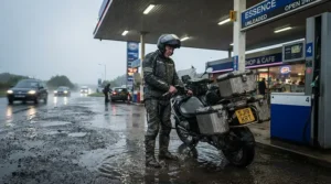 Rider stepping into puddles wearing waterproof touring boots for rain riding at a rural gas station