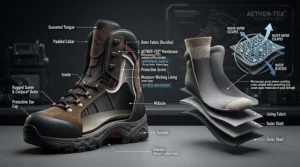Cross-section illustration of waterproof touring boots for rain riding featuring Gore-Tex liners