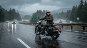 A rider wearing waterproof touring boots for rain riding on a wet interstate highway during a heavy downpour
