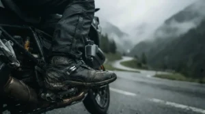 Close-up of waterproof touring boots for rain riding on footpegs while navigating a slick mountain pass