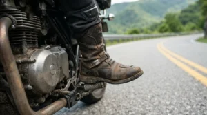 Detail shot showing the flex zones of adventure boots for street and dirt during a gear shift.