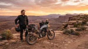 Rider pausing on a scenic desert canyon overlook in adventure boots for street and dirt.